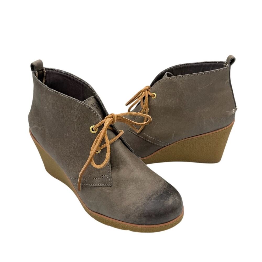 Sperry Harlow Burnished Gray Leather Lace Up Rubber Wedge Ankle Boot Booties